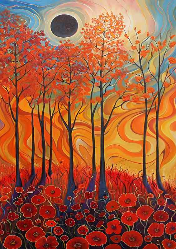 Abstract red poppy flowers sun and trees