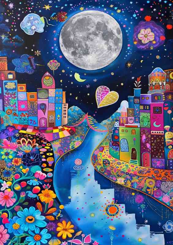 Abstract river flowing with full moon