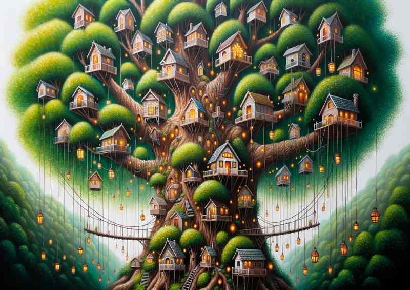 Abodes a tall leafy tree filled with miniature houses
