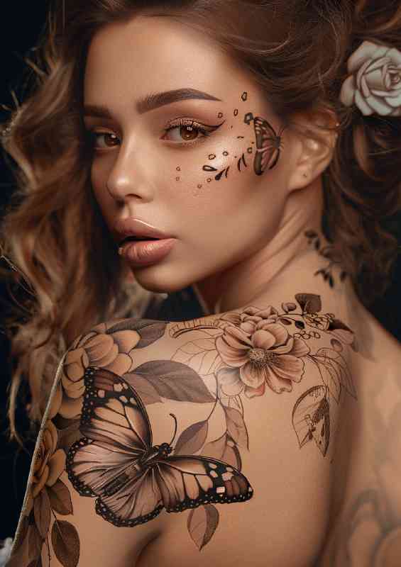 Beautiful girl with butterfly and flower tattoo | Metal Poster