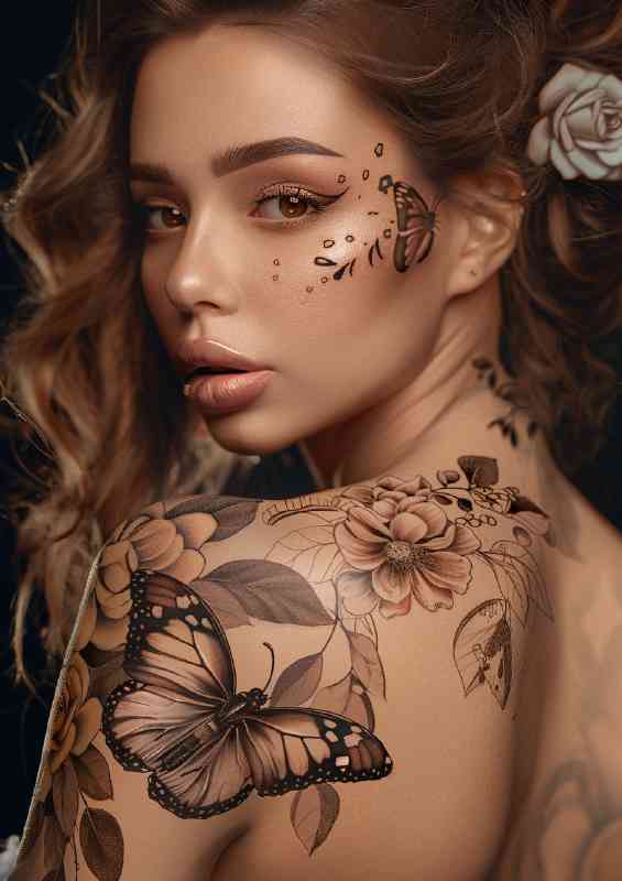 Beautiful girl with butterfly and flower tattoo