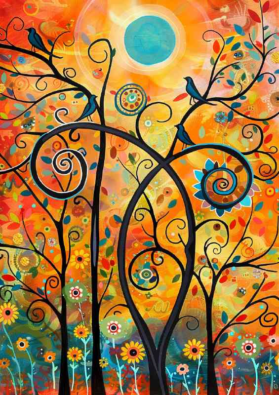 Birds flowers and swirls with the sun