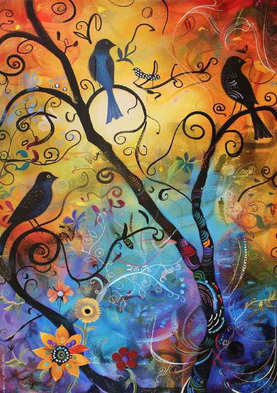 Birds in a tree whimsical | Metal Poster