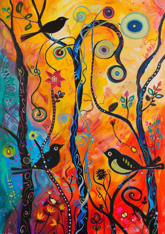 Birds in tall trees swirls