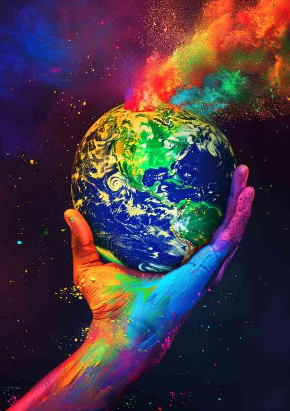 Colourful heand holding the earth