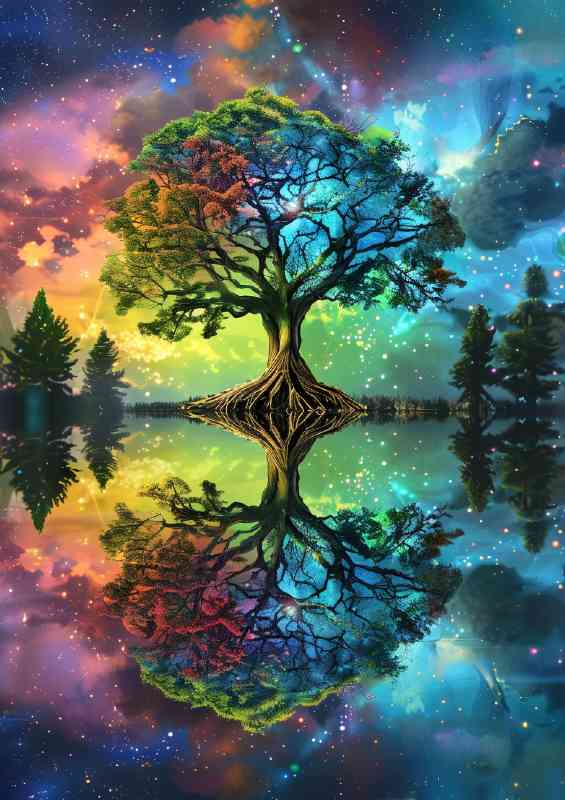 Colourful tree of life with a full reflection