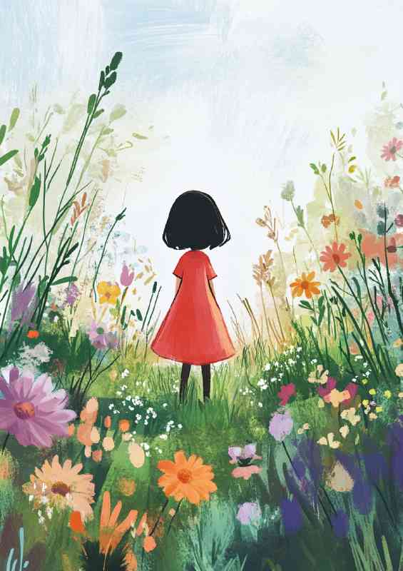 Cute little girl in the flower garden