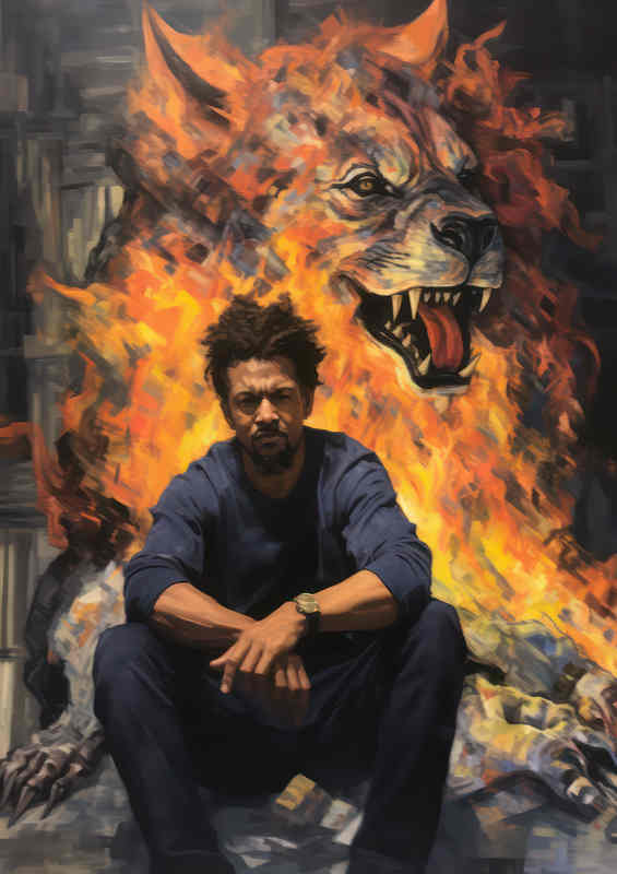 Man Sat with a tiger style dog through fire