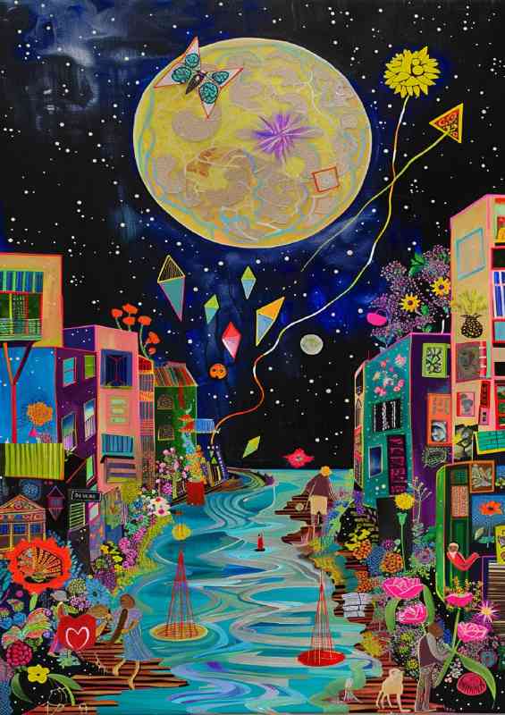 Full moon with river flowing at night
