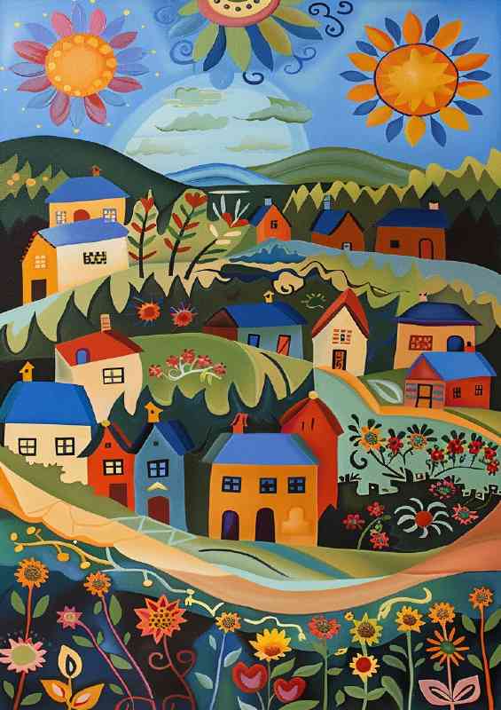 Idilic town with 3 colourful suns