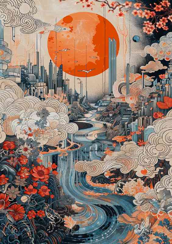 Landscape with an orange sun and moon a city