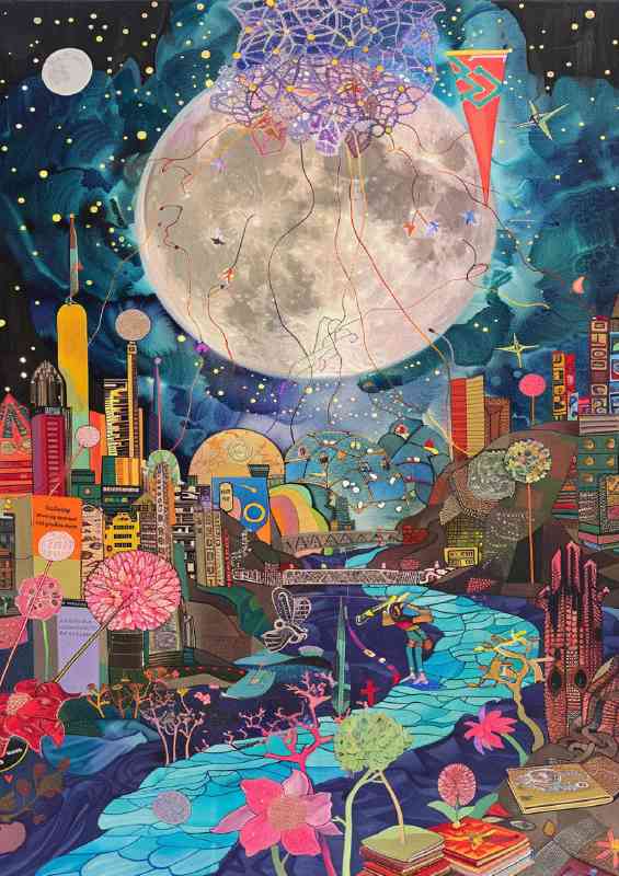 Moon rising through the wimsical village