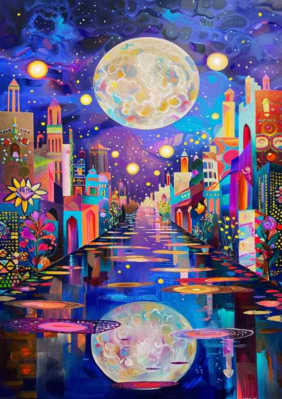 Moon rising through village river