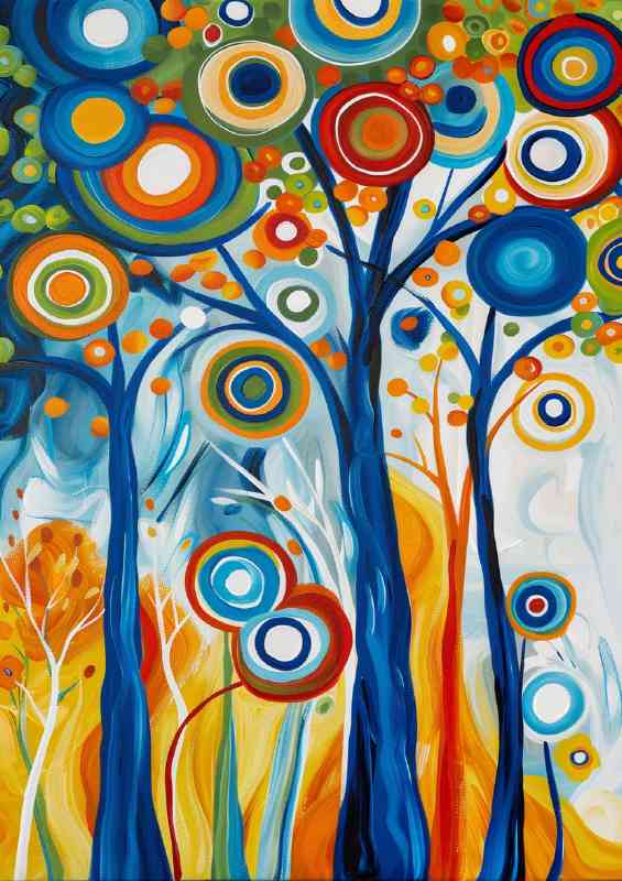 Multi couloured trees with circles as branches