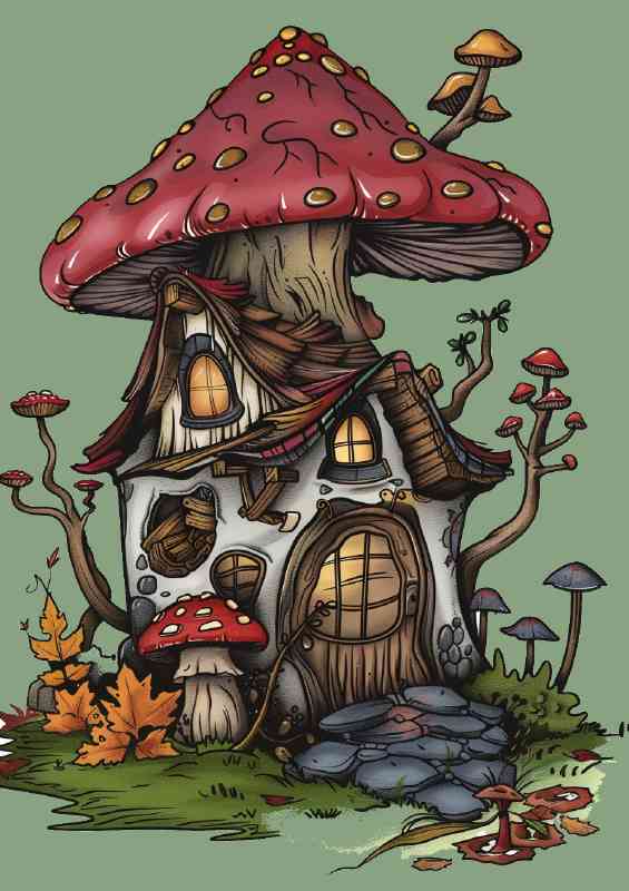 Mushroom house with the lights on