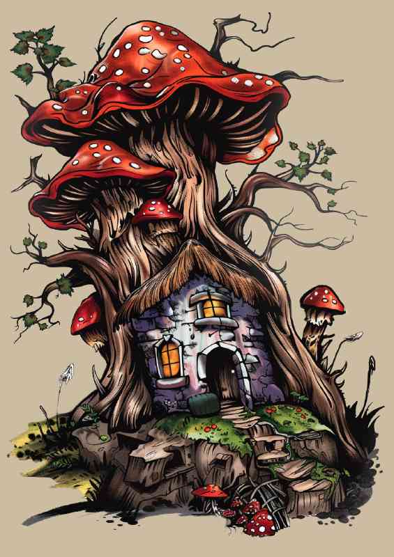 Mushroom house with the red roofs
