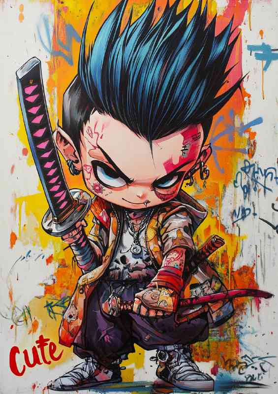 Punk kid with tattos and sword