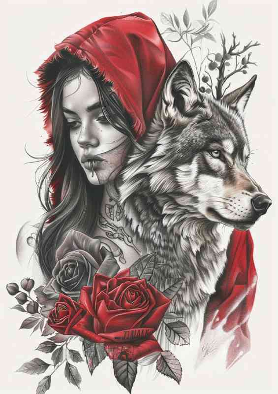 Red hooded girl with red roses and the wolf