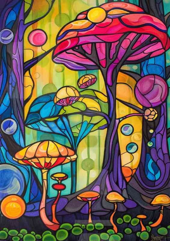 Stained glass style mushroom trees