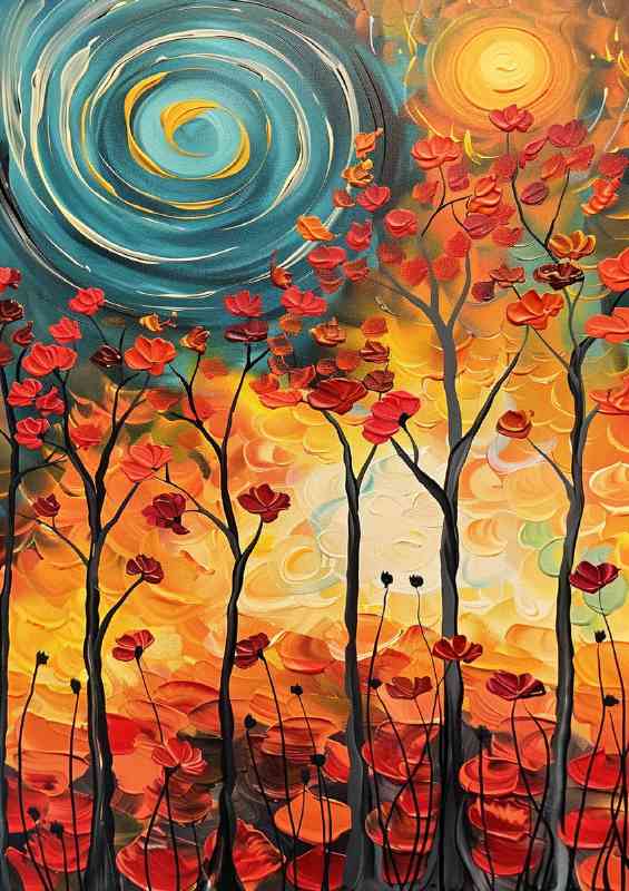 Summer sun with abstract painted trees