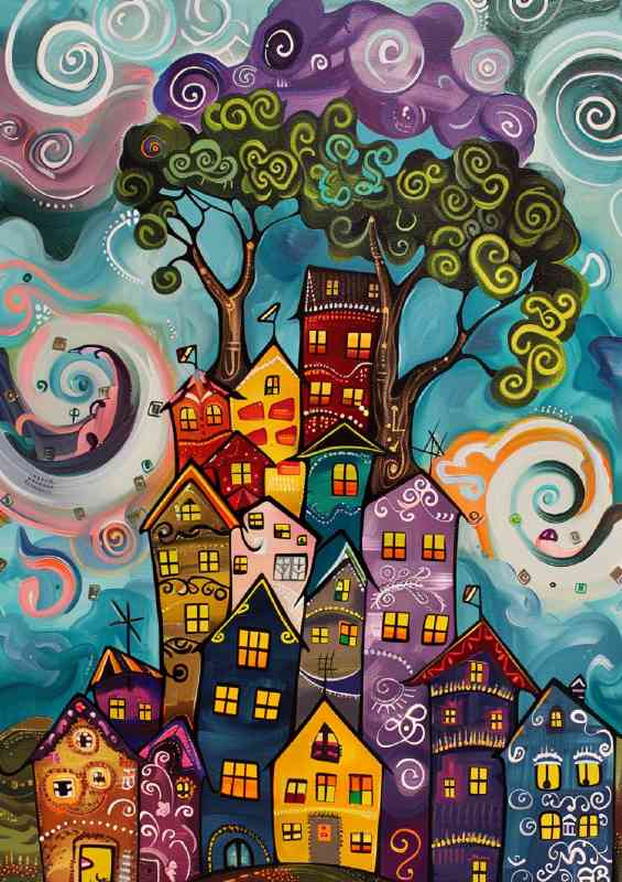 Surreal houses stacked on the hil swirly winds