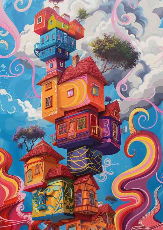 Surreal painting of colorful houses stacked
