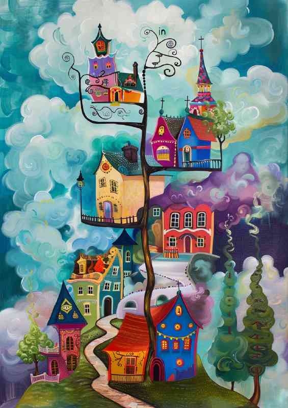 Surreal painting of colorful houses stacked on top