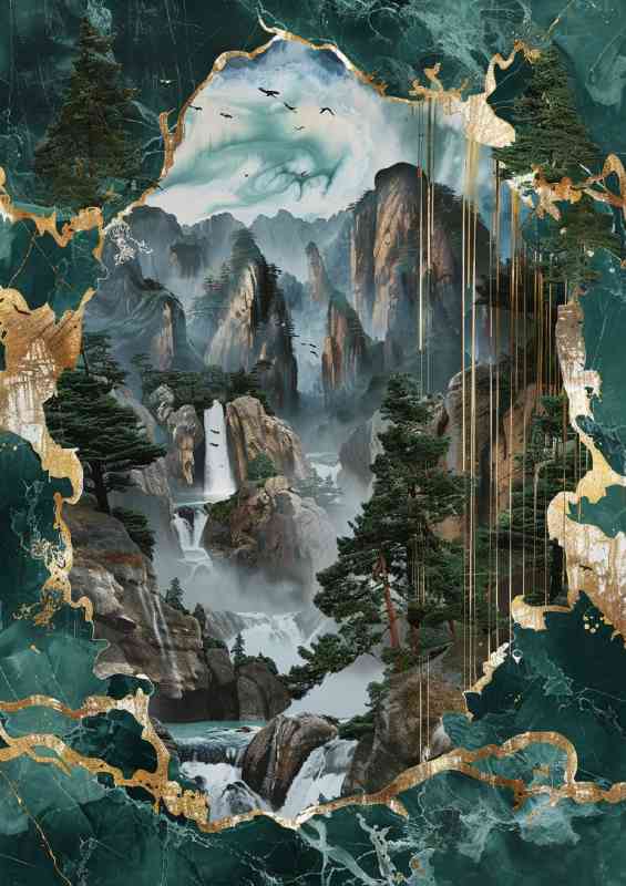 Teal and gold background with waterfalls