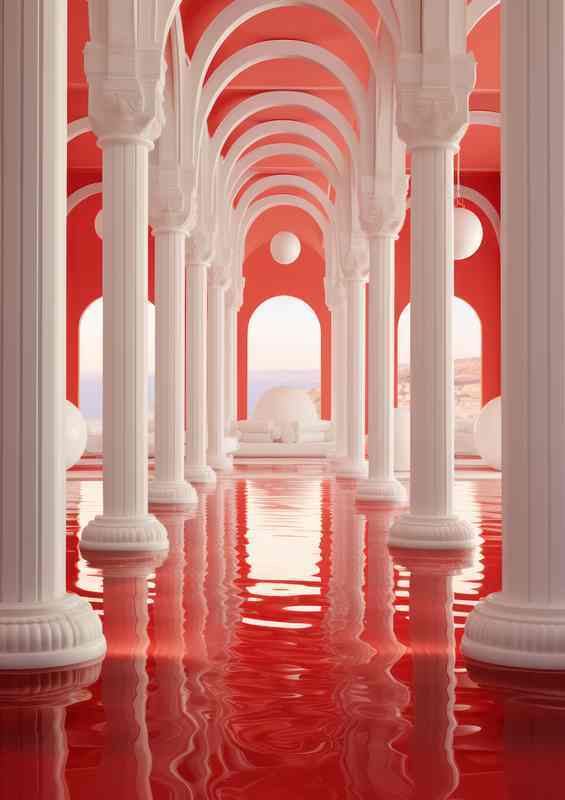A White Sphere in the red waters with coloums