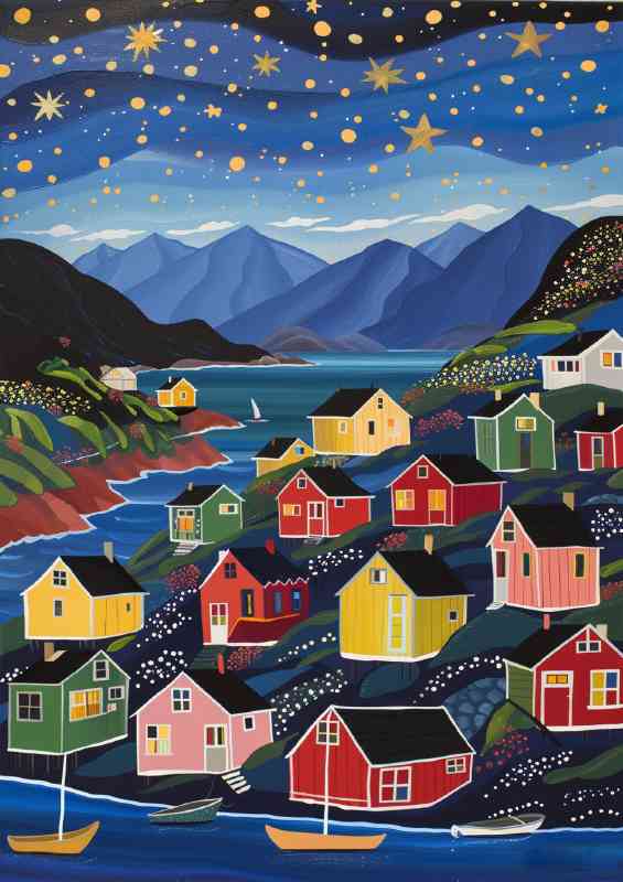 Vibrant fishing village at night