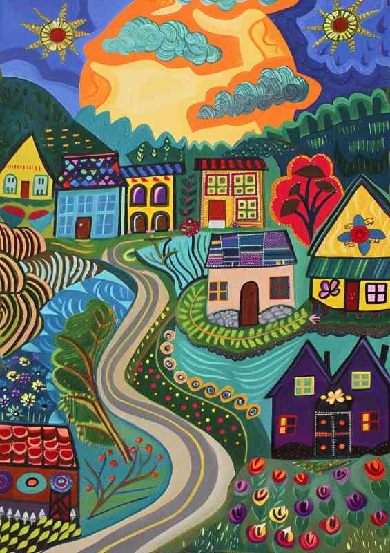 Vibrant road flowing through village