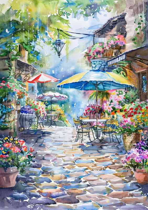 Watercolour painting of a quiet village street