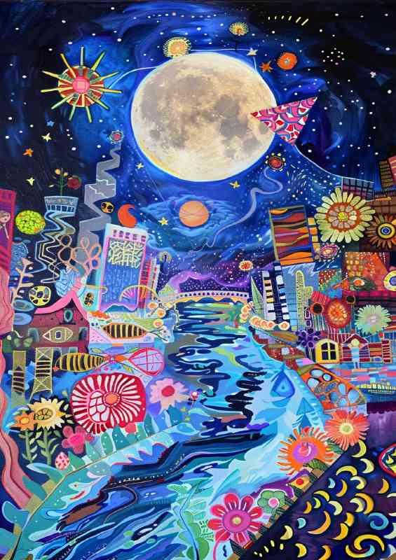 Whimsical painting of the full moon rising