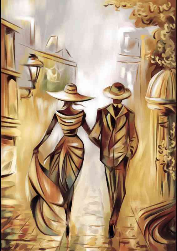 A romantic scene man and woman walking in the street