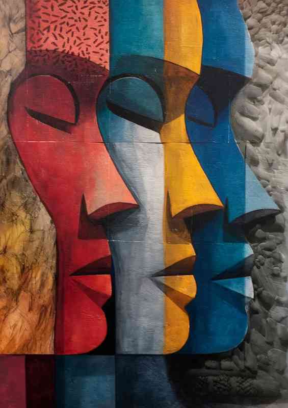 Abstract artwork of multiple faces in profile