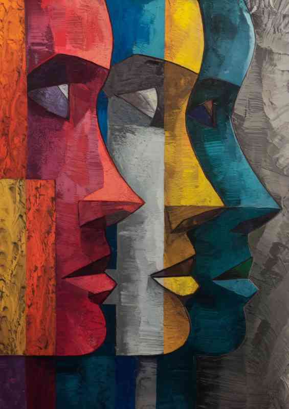 An abstract artwork of multiple faces in profile