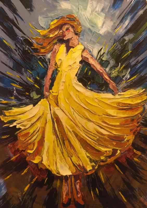 Lady painted in the flowing yellow dress