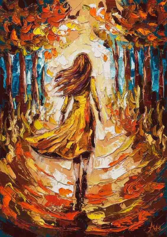 Pallet knife painting woman in autumn woodland