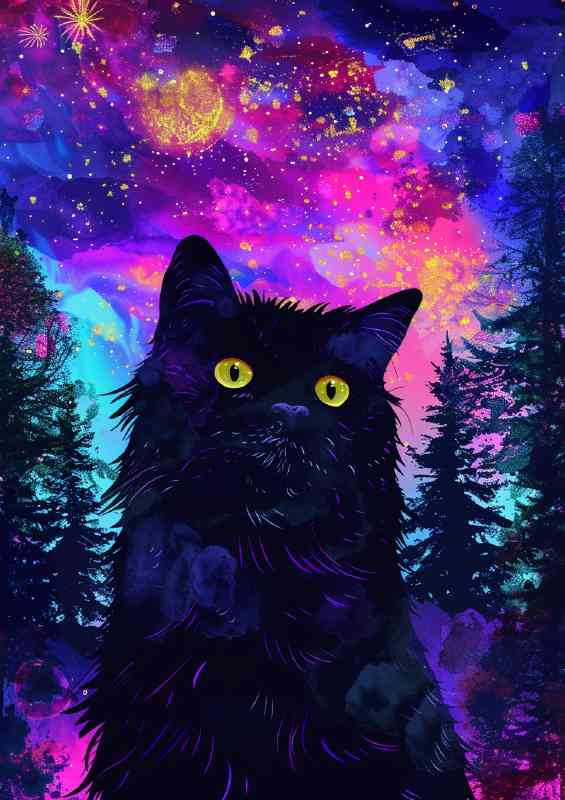 A Black cat with night skies and trees