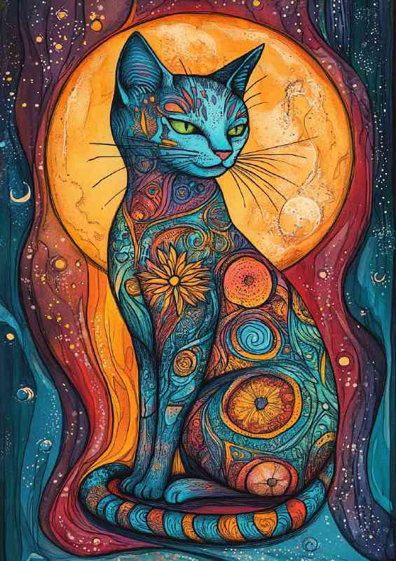 Abstract cat with yellow moon