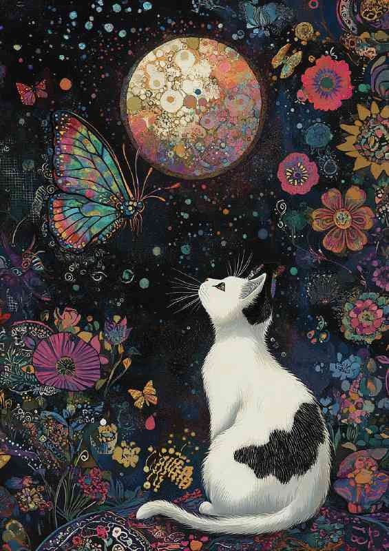 Black and white cat with full detais od moon and butterfly