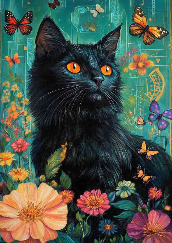 Black car orange eyes surrounded by many flowers