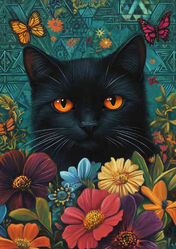 Black cat orange eyes flowers butterflies