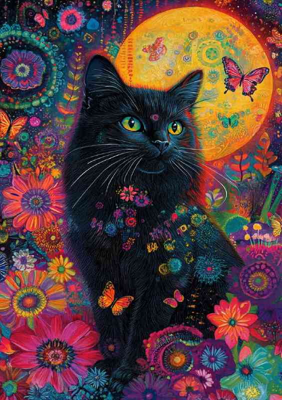 Black cat orange moon and flowers