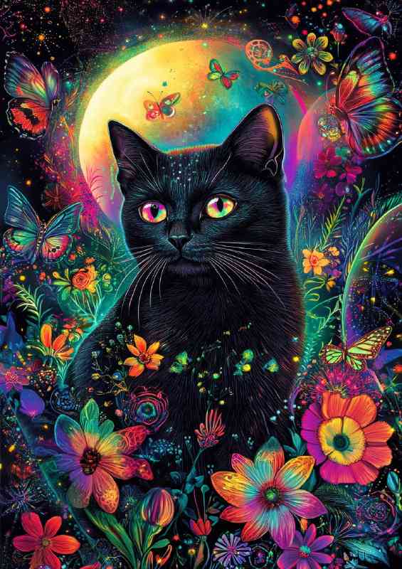 Black cat surrounded by flowers and butterfly
