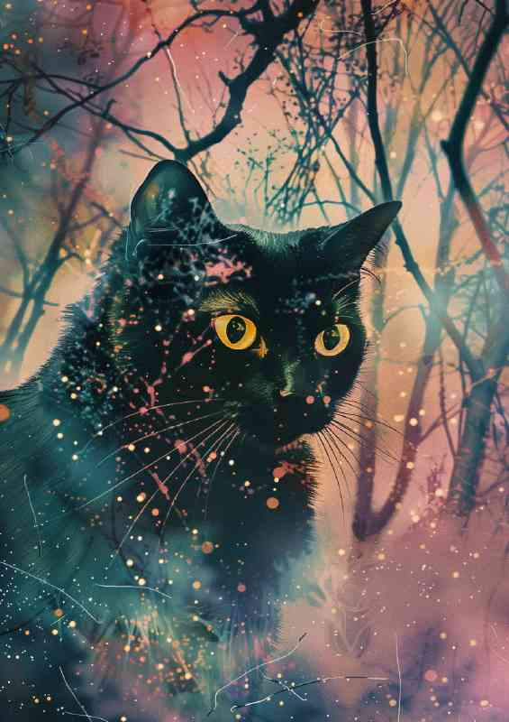 Black cat with glowing yellow eyes in woods