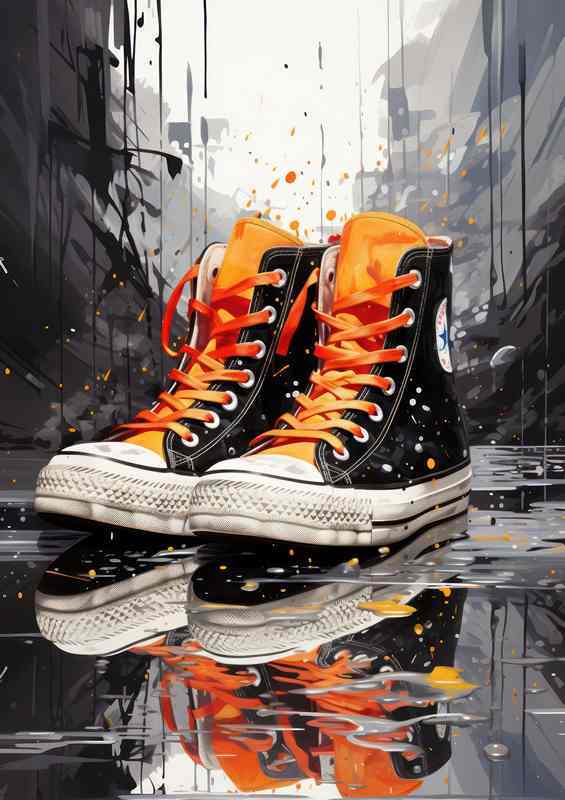 A black sneaker is sitting on an splattered surface