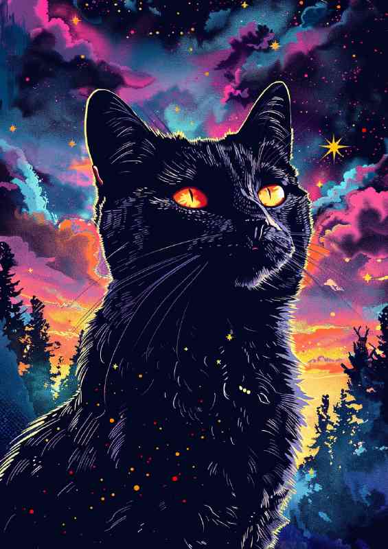 Black cat yellow eyes night sky