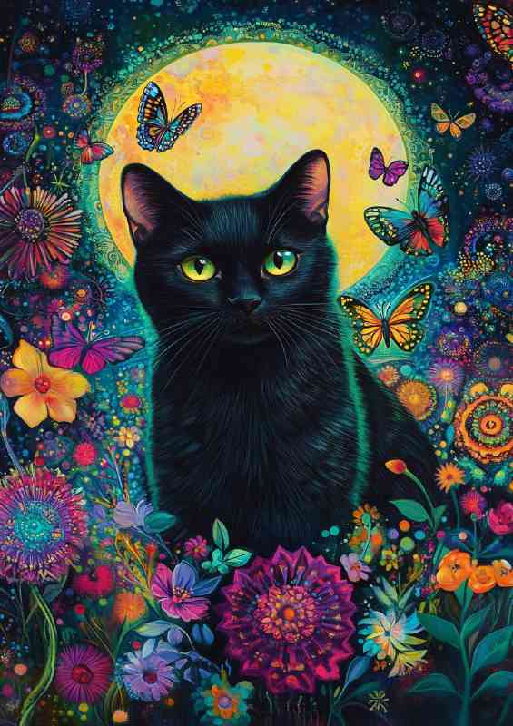 Black cat yellow moon flowers