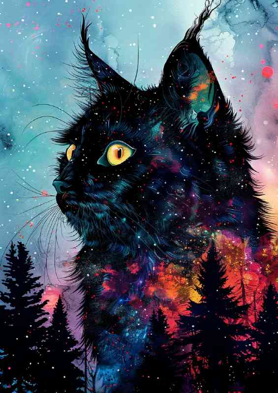 Black furry cat in woodlands